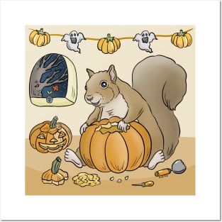 Pumpkin carving squirrel Posters and Art